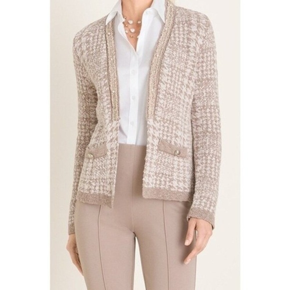 Chicos Sweater‎ Sz Lg Novelty Yarn Detail Cardigan Taupe Heather Neutral - Picture 2 of 10